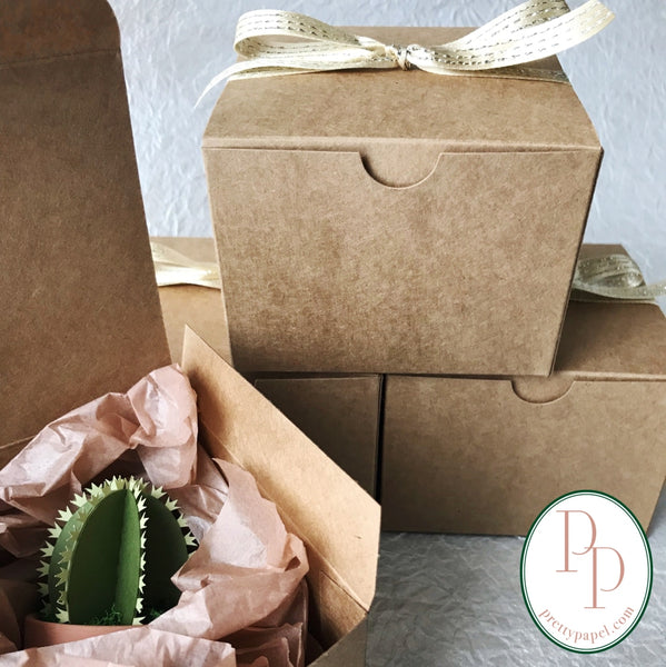 Opened kraft gift box with a small, prickly paper cactus nestled inside tissue. Next to 3 boxes, tied with bows, stacked in a pyramid against a white background.