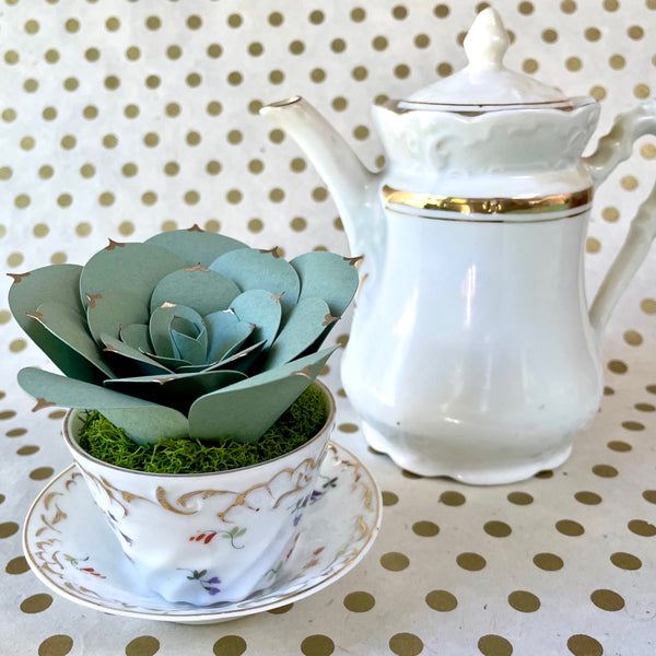 Paper Succulent in Vintage Teacup and Saucer Set, No. 1