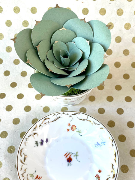 Paper Succulent in Vintage Teacup and Saucer Set, No. 1
