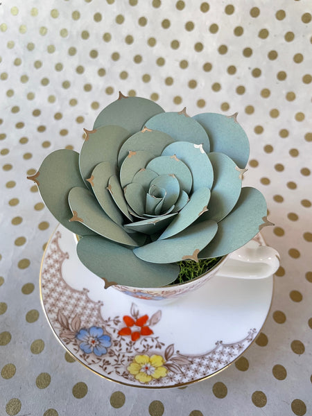 Paper Succulent in Vintage Teacup and Saucer Set, No. 3