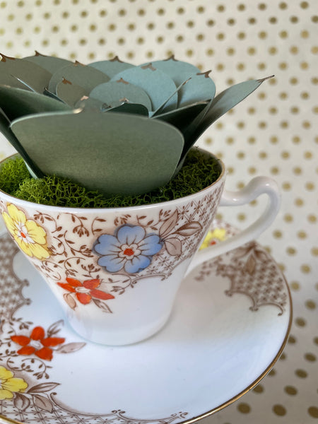 Paper Succulent in Vintage Teacup and Saucer Set, No. 3