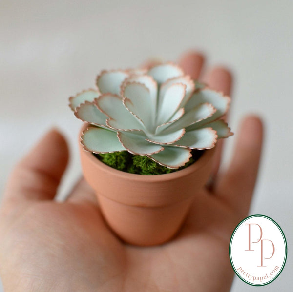 Small, life like paper succulent made with pale mint cardstock, edged in copper, planted in preserved moss in a tiny terracotta pot. Sitting in the palm of a hand. 