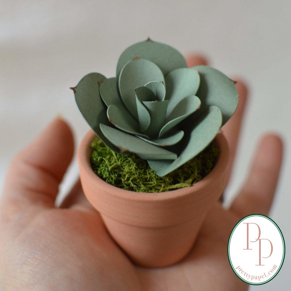 Small, handmade paper echeveria succulent planted in preserved moss in a tiny 2" terracotta pot. Sitting in the palm of a hand. 